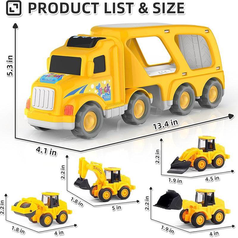 Veslier 5 in 1 Construction Truck Toy with 6 Mini Cars for Kids 3 4 5 6 Years Old