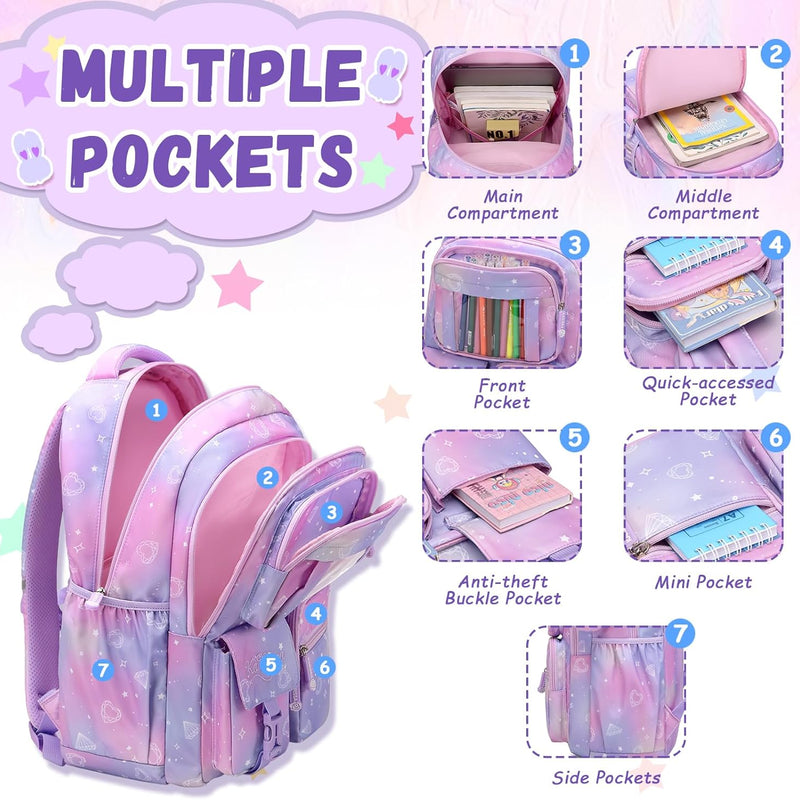 PIG PIG GIRL Kids Backpack for Girls - School Bags for Middle School Students - Book Bag for Elementary Primary - Kawaii Ita Backpack - Purple