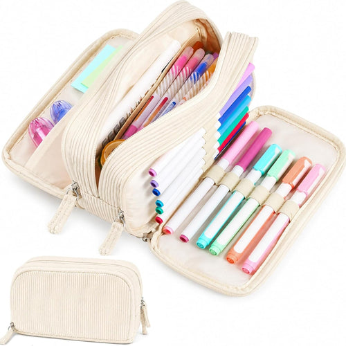 Sooez Big Capacity Pencil Case Pen Pouch, Soft Corduroy Pencil Bag with 3 Compartment, Multiple Pockets, Sturdy Zipper, Cute School Supplies Pen Bag Organizer For Teen Girls College, Beige