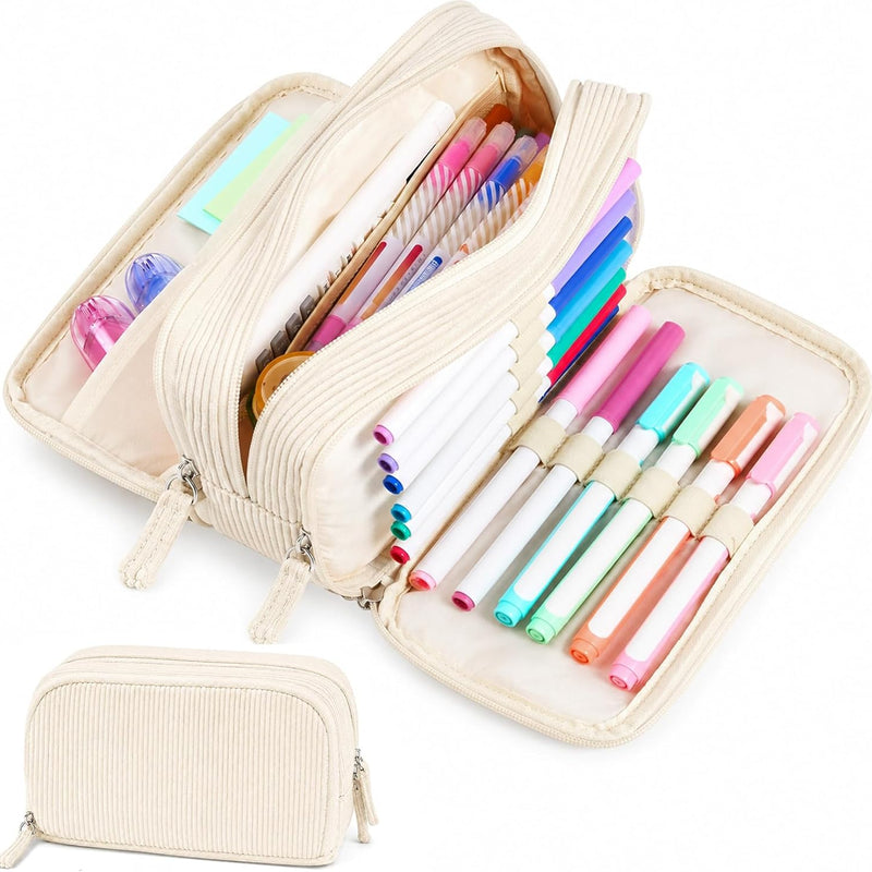 Sooez Big Capacity Pencil Case Pen Pouch, Soft Corduroy Pencil Bag with 3 Compartment, Multiple Pockets, Sturdy Zipper, Cute School Supplies Pen Bag Organizer For Teen Girls College, Beige