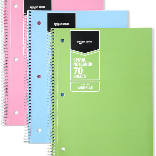 Amazon Basics Wide Ruled Spiral Notebook, For Work and School, 70 Sheets, 8" x 10.5", 3 pack, Assorted Pastel Solid Colors