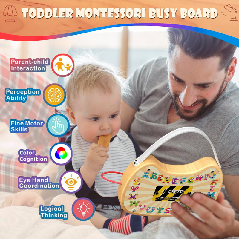 Montessori Busy Board with LED Lights & 12 Buttons, Portable Travel Toy for Toddlers 1-3 Years