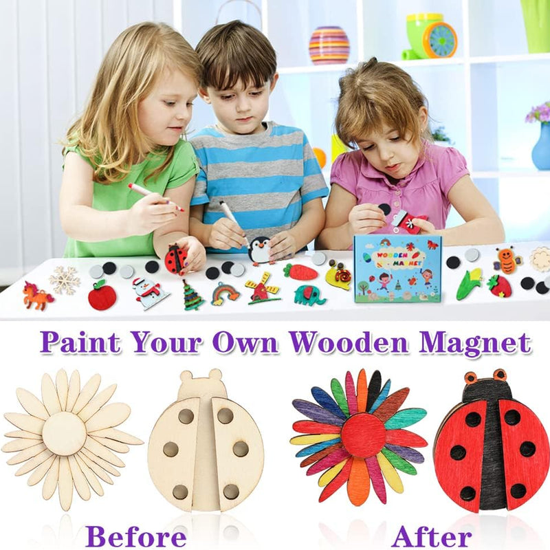 DIY Wooden Magnet 36 Art Craft Supplies Painting Kit for Kids Ages 4-8 8-12 | Party Favors for Boys Girls Birthday Easter Crafts Gifts Toys Basket Goodie Bag Stuffers