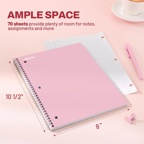 SUNEE Spiral Notebooks, 3 Pack, 1-Subject, College Ruled Paper, 8" x 10-1/2", 70 Sheets per Notebook, Assorted Pastel Colors Spiral Notebooks for School