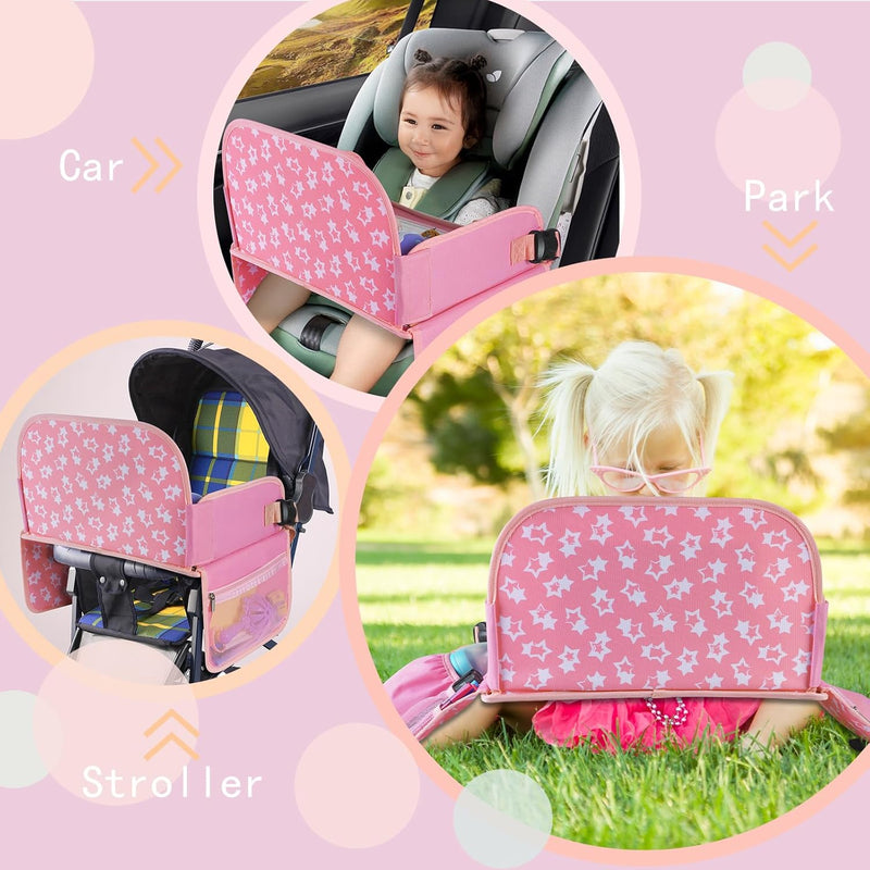 MENZOKE Kids Travel Tray for Toddler Car Seat, Road Trip Activities for Kid | Road Trip Essentials Accessories Lap Tray with iPad Holder Stand & Dry Erase Board as Travel Gifts for Kid, Pink