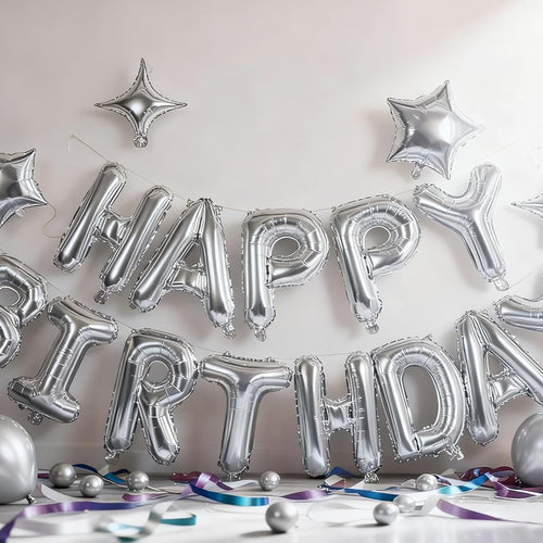 Silver Happy Birthday Aluminum Foil Balloon Decoration Kit for Kids and Adults