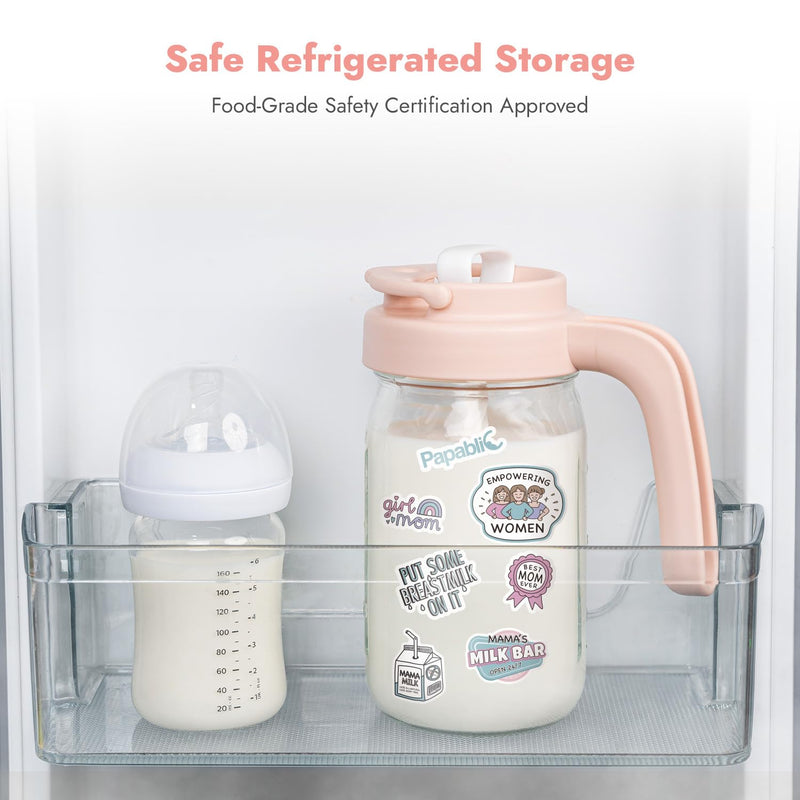 Papablic Breast Milk Pitcher, Formula & Baby Feeding Container, Pink | Glass | BPA-Free | Leakproof | Safe & Durable | Wide Mouth | Easy to Clean & Dishwasher Safe | No Bubbles & No Clumps