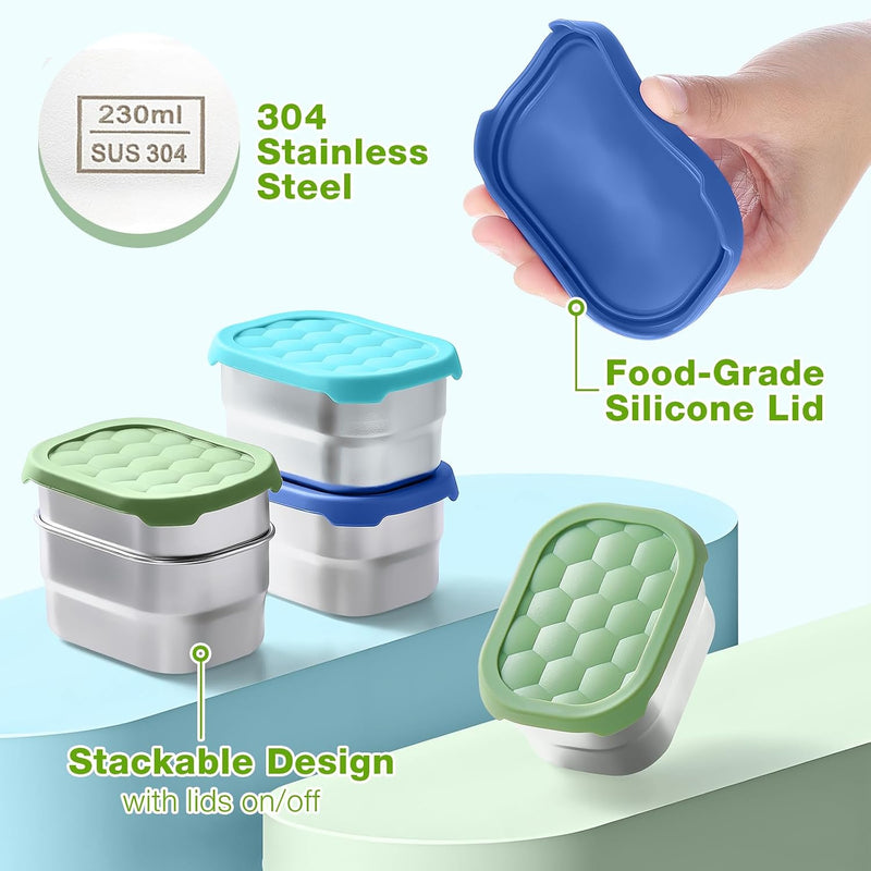 Gencywe® 3 Pack Stainless Steel Snack Containers for Kids, 8 oz Easy Open Leak Proof Small Toddler Snack Containers with Silicone Lids, Stackable Metal Lunch Box for Daycare and School (Blue)