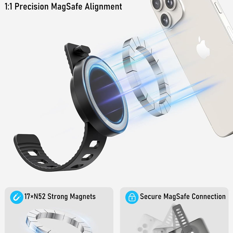 Stroller Phone Holder, Compatible with MagSafe, Magnetic Handlebar Mount | 17x N52 Strong Magnets, Fits Treadmills, Peloton, Shopping & Golf Carts, Adjustable Silicone Strap for iPhone 12-17 & Android