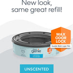 The Diaper Genie Unscented Round Refill 3-pack, with continuous film can hold up to 810 newborn-sized diapers per refill.