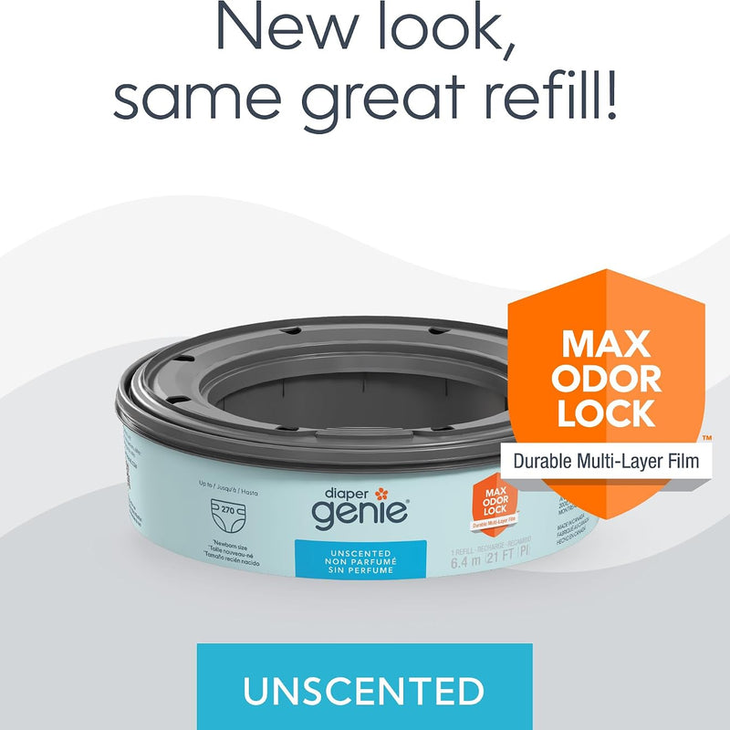 The Diaper Genie Unscented Round Refill 3-pack, with continuous film can hold up to 810 newborn-sized diapers per refill.