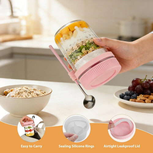Overnight Oats Containers with Lids and Spoons - 4 Pack 16 oz Glass Mason Jars with Separate Compartments Airtight Overnight Oat Jars Leakproof Yogurt Parfait Cup for Oatmeal Chia Pudding Cereal Salad