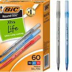 BIC Round Stic Xtra Life Ballpoint Pen with 1.0 mm Medium Point and Consistent Ink Flow, 60-Count in Blue Ink