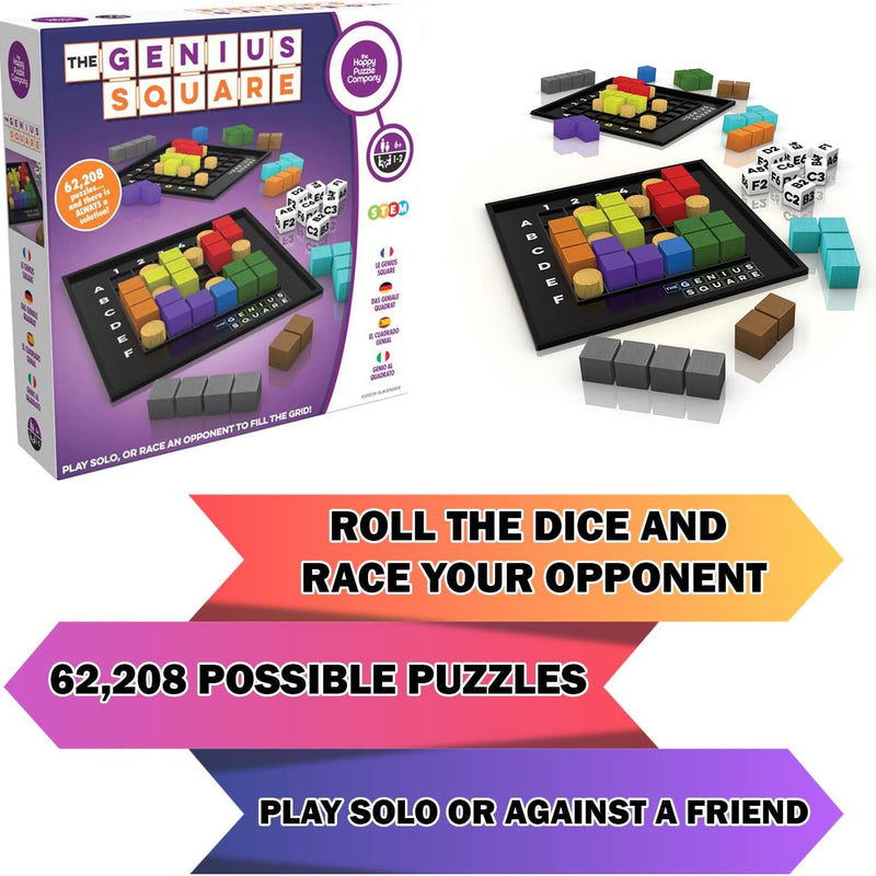The Happy Puzzle Company's Genius Square STEM Puzzle Game for 1-2 Players, 62,208 Possible Solutions, 6x6 Grid