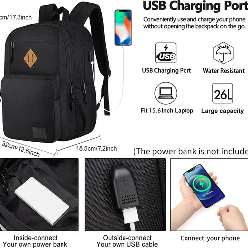 KEOFID Travel backpack for Men and Women, Anti Theft Laptop Backpack with USB Charging Port for Work, Large Bag for College, Carry-on Backpack with Luggage Strap, Water Resistent(Black)