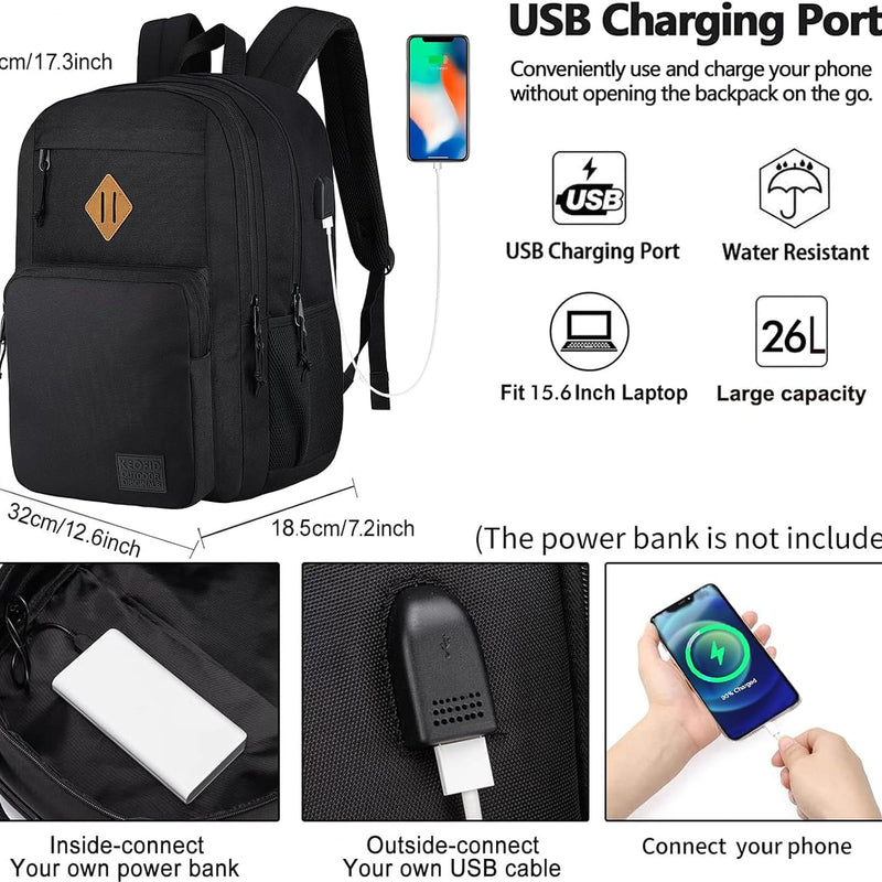 KEOFID Travel backpack for Men and Women, Anti Theft Laptop Backpack with USB Charging Port for Work, Large Bag for College, Carry-on Backpack with Luggage Strap, Water Resistent(Black)