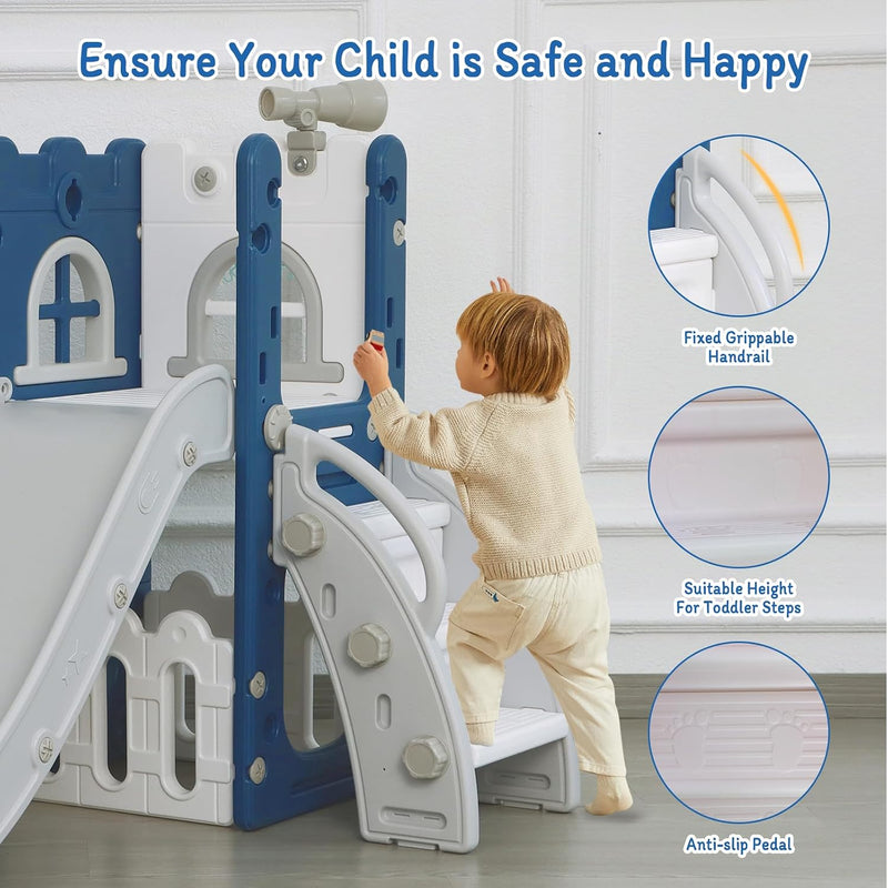LulliSpace 6 in 1 Toddler Slide,Kids Climber Slider for Indoor Outdoor Playground with Basketball Hoop,Storage and Telescope,L Shaped Slide for Toddler Climber Playset