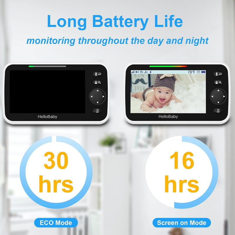 HelloBaby No WiFi Baby Monitor 5" Screen 30-Hour Battery Pan-Tilt-Zoom Video Upgrade with Camera and Audio, Night Vision, VOX, 2-Way Talk, 8 Lullabies and 1000ft Range, HB6550