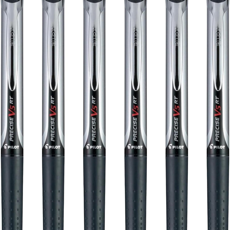 Pilot Precise V5 RT Refillable & Retractable Rollerball Pens, Extra Fine Point Pens 0.5 mm, Black, Pack of 6 - Ideal for School, Journaling & Office Writing