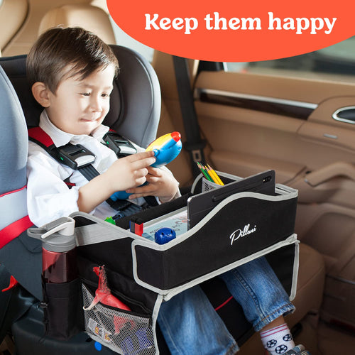 Kids Travel Tray for Car - Car Seat Tray with Activity Sheets & Pens, Road Trip Essentials for Car & Airplane, Must Have Toddler Travel Lap Desk Accessories - Road Trip Activities for Kids