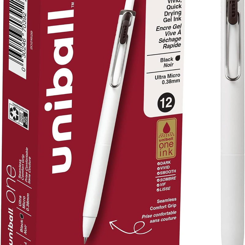 Uniball One Gel Pen 12 Pack; 0.38mm Ultra Micro Black Pens; Gel Ink Pens | Office Supplies Sold by Uniball are Pens; Ballpoint Pen; Colored Pens; Gel Pens; Fine Point; Smooth Writing Pens