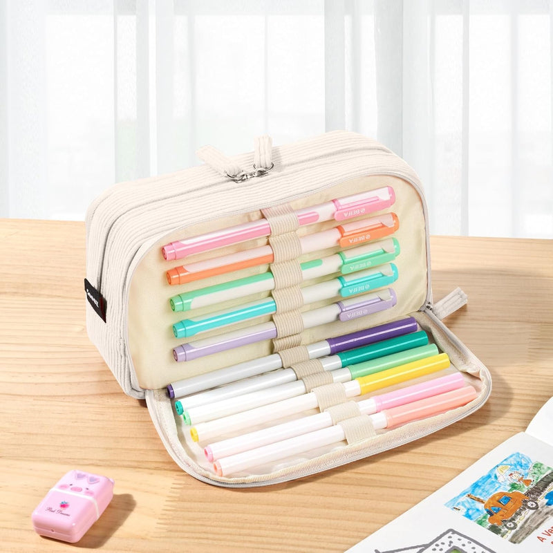 Sooez Big Capacity Pencil Case Pen Pouch, Soft Corduroy Pencil Bag with 3 Compartment, Multiple Pockets, Sturdy Zipper, Cute School Supplies Pen Bag Organizer For Teen Girls College, Beige