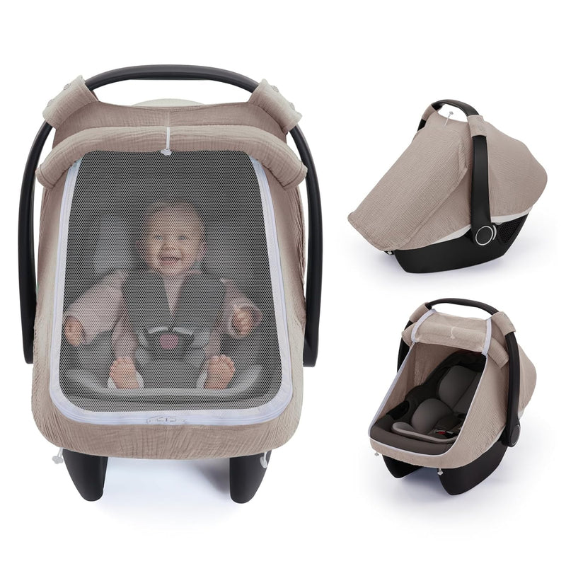 Blissful Diary Baby Car Seat Cover, Extra Large Mesh Window, Breathable Muslin Cotton, Infant Windproof Canopy, Must-Have Baby Gift - Roman Green