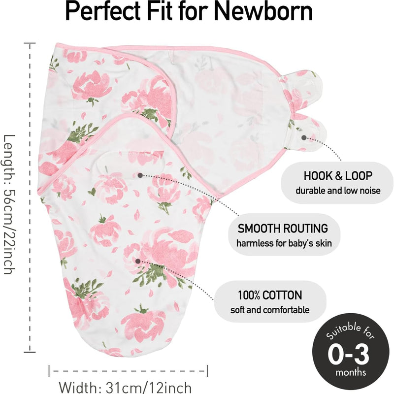 GLLQUEN BABY Swaddles for Newborns 0-3 Months, Adjustable & Easy Fastener | 3-Pack, Baby Girl Swaddles Organic Cotton Womb-Like Nursery Swaddling Blanket reduces startle reflex, Soft & Skin-Friendly