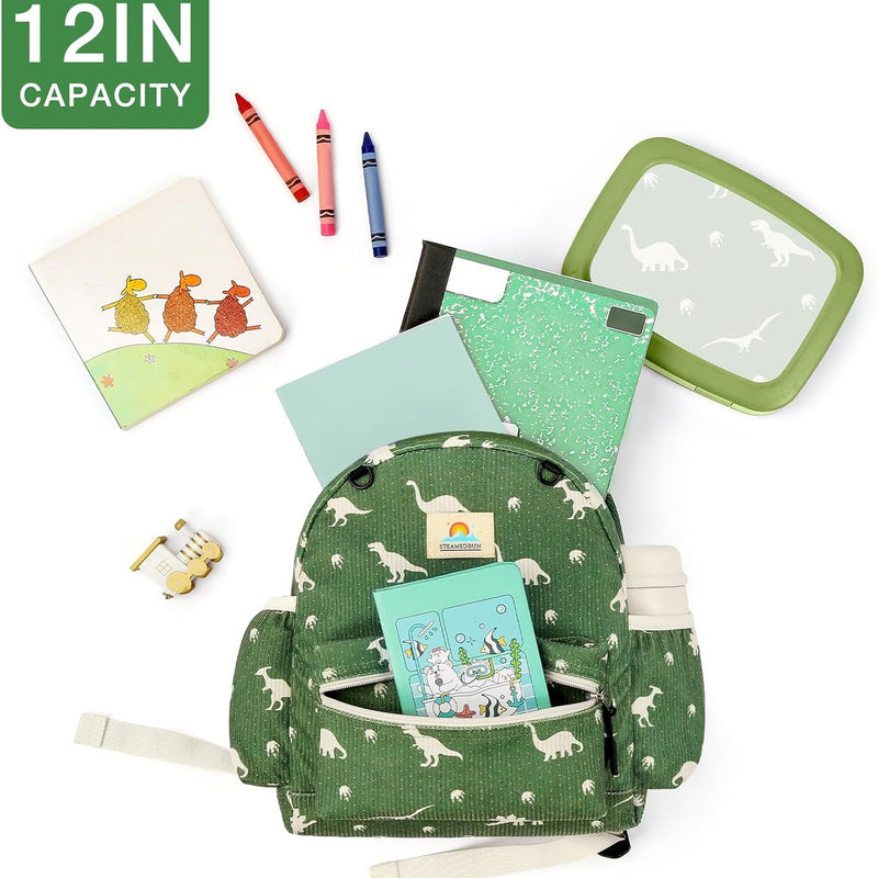STEAMEDBUN Corduroy Toddler Backpack for Boys 2-4: Kids backpack for Boys Girls - 12 inch Preschool Kindergarten Backpacks - Dinosaur