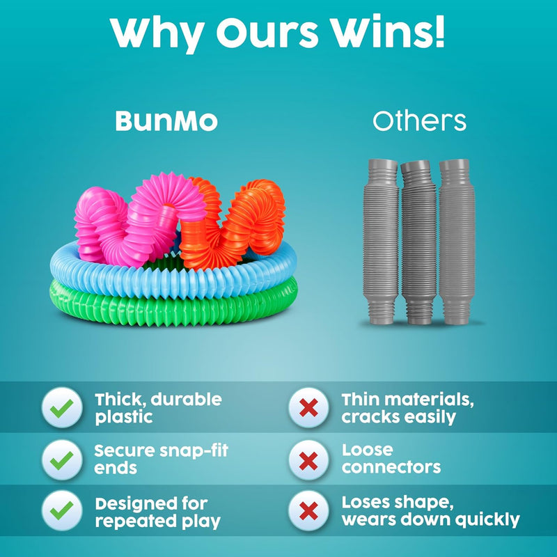 Bunmo Pop Tubes 4-pack Large - Non-Mouthable Fidget Toy for Creative Learning & Fine Motor Practice - Ages 3+