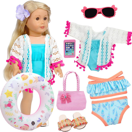 18 Inch American Doll Accessories, Fashion Doll Swimming Play Sets for American 18 Inch Girl Including Clothes Swimsuit Sunglasses Phone Shoes