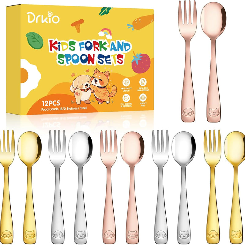 12Pcs Stainless Steel Toddler Utensils Small Metal Kids Silverware | Food-grade, Ideal Transitional Baby Forks and Spoons, Cute pattern, Designed for Children, Dishwasher Safe, Mirror Polished