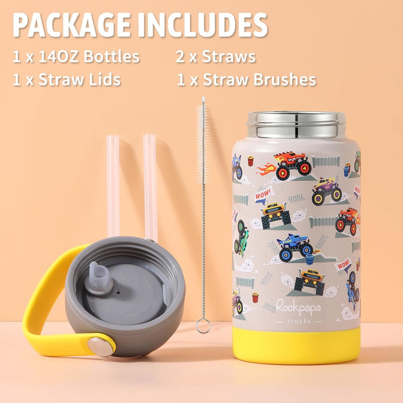 rockpapa 14 oz Kids Insulated Water Bottle，Stainless Steel Toddler Cups with Straws, BPA Free, Leak-Proof, Kids Water Bottle for School Boys& Girls (Grey Trucks)