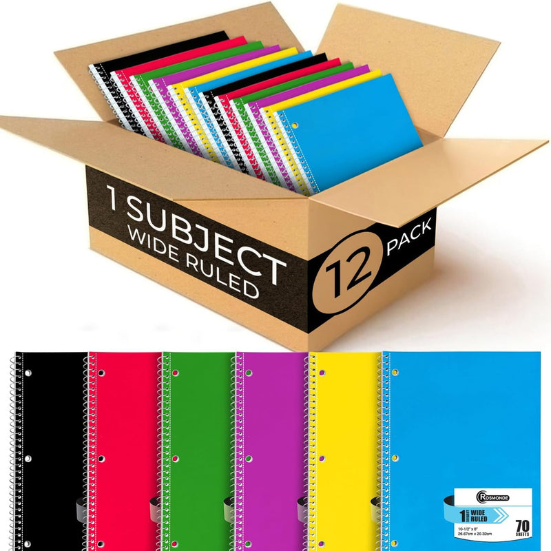 Rosmonde Spiral Notebooks, 12 Pack, 1 Subject Notebook, Wide Ruled, 70 Sheets, 8 x 10-1/2", 3 Hole Punched, School Supplies, Bulk Single Subject Spiral Notebook Bulk, Assorted Colors Pack of Notebooks