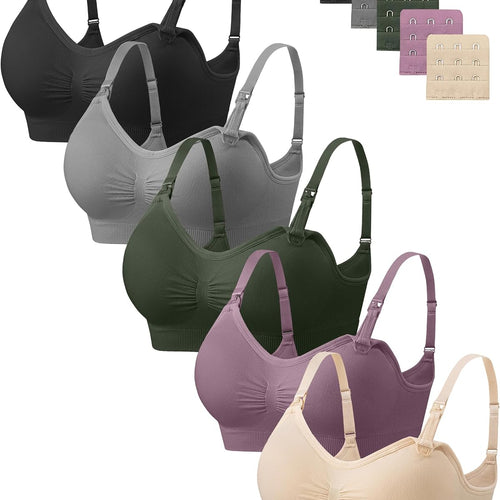 Angelhood Women Nursing Bras for Breastfeeding 5 Pack, Maternity Sleep Bra | Seamless Pregnancy Full Bust Bralettes with Extenders, Wireless V Neck Bralette, Ultra Comfort Postpartum Essentials Bra Pack