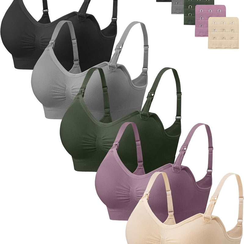 Angelhood Women Nursing Bras for Breastfeeding 5 Pack, Maternity Sleep Bra | Seamless Pregnancy Full Bust Bralettes with Extenders, Wireless V Neck Bralette, Ultra Comfort Postpartum Essentials Bra Pack