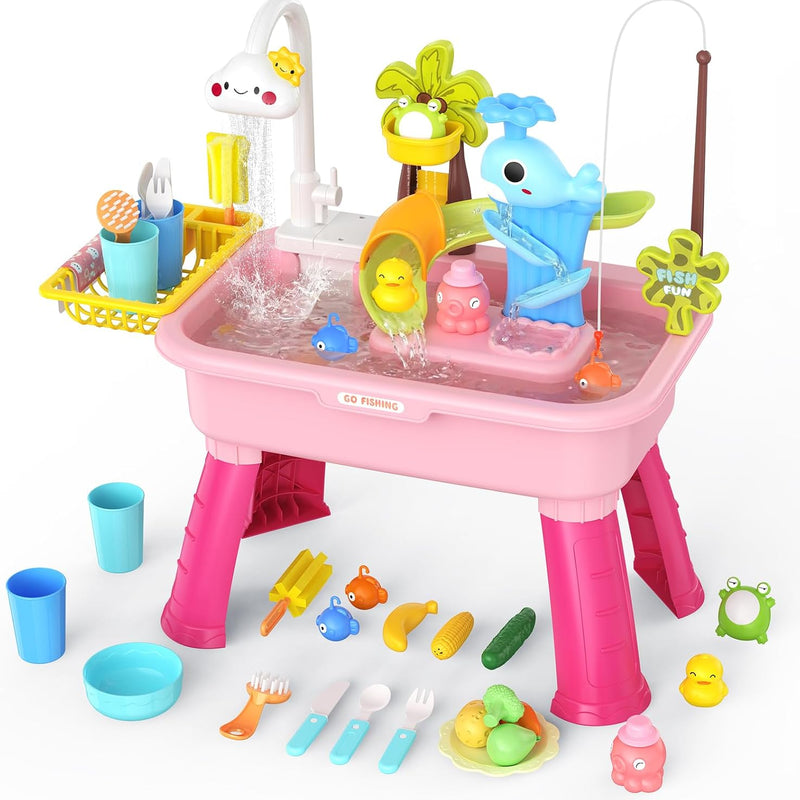 2026 Upgraded Water Table for Toddlers 1-3 - Outdoor Toys for Kids Ages 4-8 with Pump, Summer Outside Sensory Activity Pool Toys, Kitchen Play Sink Toy with Running Water, Fishing Toy, Pink