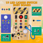Montessori Wooden Busy Board with 8 LED Light Switches and Sensory Toys for 1+ Year Old Babies