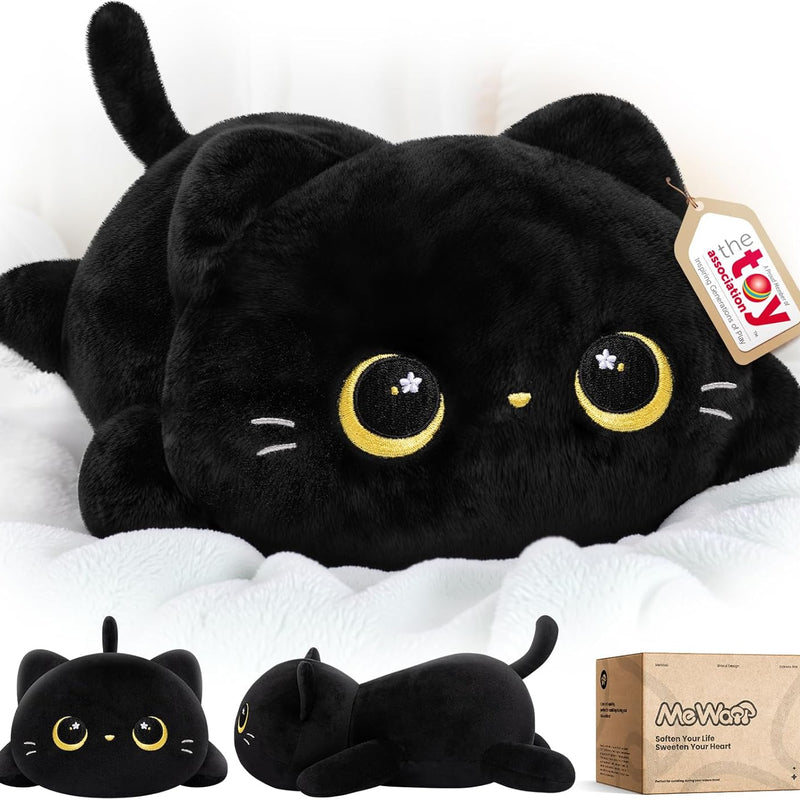 Mewaii Cute Black Cat Plush Pillow, Kawaii Plushies Black Cat Stuffed Animals, Squishy Plushies, Cuddle Plush Pillow for Kids & Girls (13 Inch)