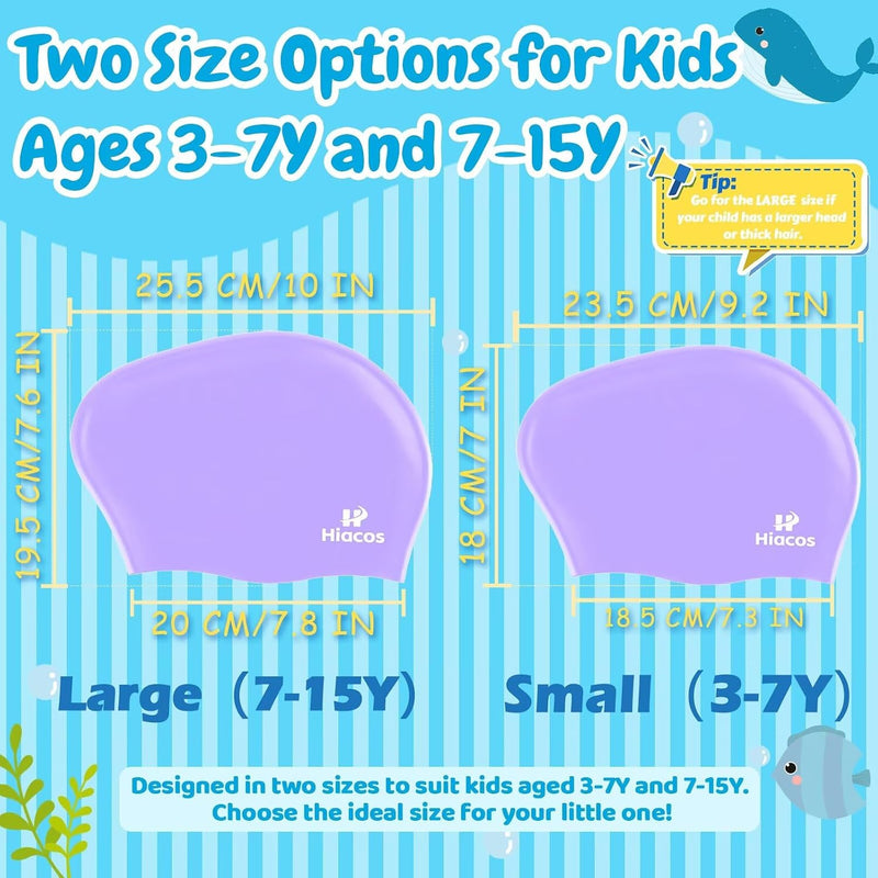 Kids Swim Cap for Girls Boys, 2 Size Silicone Swimming Cap for Long Hair, Waterproof Swim Hats for Toddlers Children Teens to Keep Hair Dry
