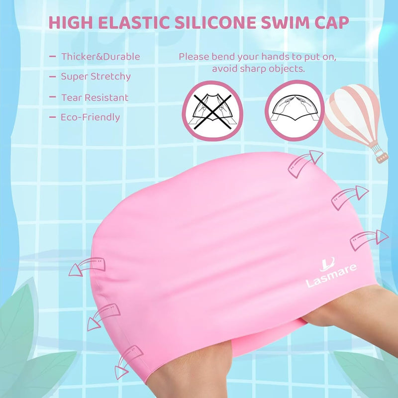 Silicone Swim Cap for Kids with Long Hair, 3 Sizes for Toddlers, Children & Teens Age 1–15, Waterproof Swimming Hat for Girls & Boys
