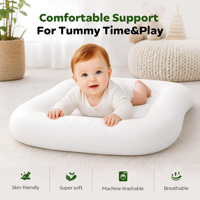Baby Lounger for Newborns 0-24 Months - Baby Essentials | Soft Breathable Cotton Infant Support Cushion for Tummy Time & Play, Portable Infant Lounger - Cloud White (Cover Included)