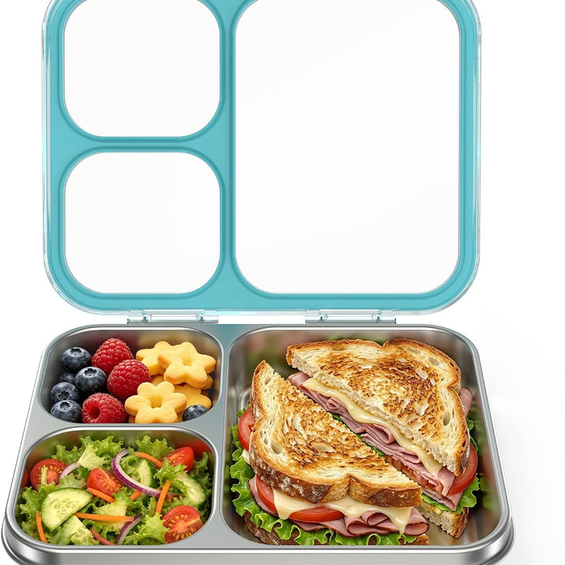 HOMEKOL Stainless Steel Bento Lunch Box, Blue, 3.3Cups | 3-Compartment,Leak-Proof, for Kids & Adults, BPA-Free, Dishwasher Safe, Clear Tritan Lid, 800ml (Not Insulated)