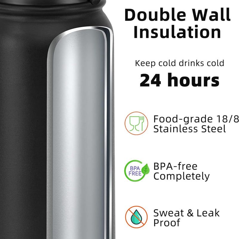 Fanhaw 20 Oz Kids Insulated Stainless Steel Water Bottle with Straw Lid, Leakproof & Anti-Dust Everyday Use Bottle for School, Women & Men, Back to School Essentials (Black)