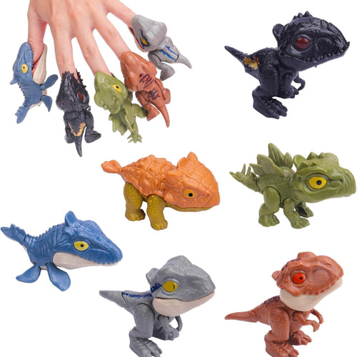 Winbar 6-Piece Biting Finger Dinosaurs Toy Set for Kids, Featuring Raptor, Mosasaur, Tyrannus, Stegosaurus, T-Rex, and Ankylosaurus Figures, Interactive Chomp Puppets for Play and Display.