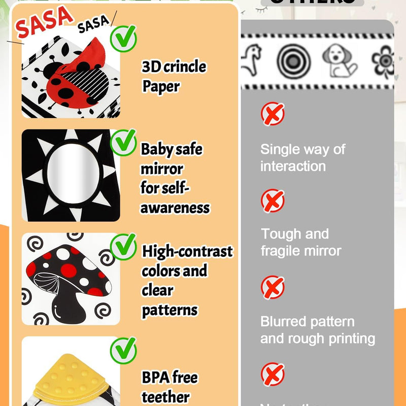 Tummy Time Toys, High Contrast Baby Book with Mirror & Teether for Newborn | Black and White Baby Toys for infant 0-6-12 Months, Visual Stimulation Soft Sensory Books, Baby Boy Girl Shower Gift