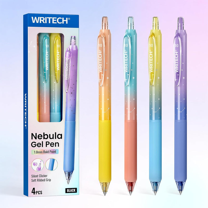 WRITECH Gel Pens Fine Point: Nebula Pen Set 0.7mm Black Ink Retractable 6ct Medium Point Smooth Writing with Aesthetic Gradient Color Barrel for Journaling Note Taking Silent Click No Smear