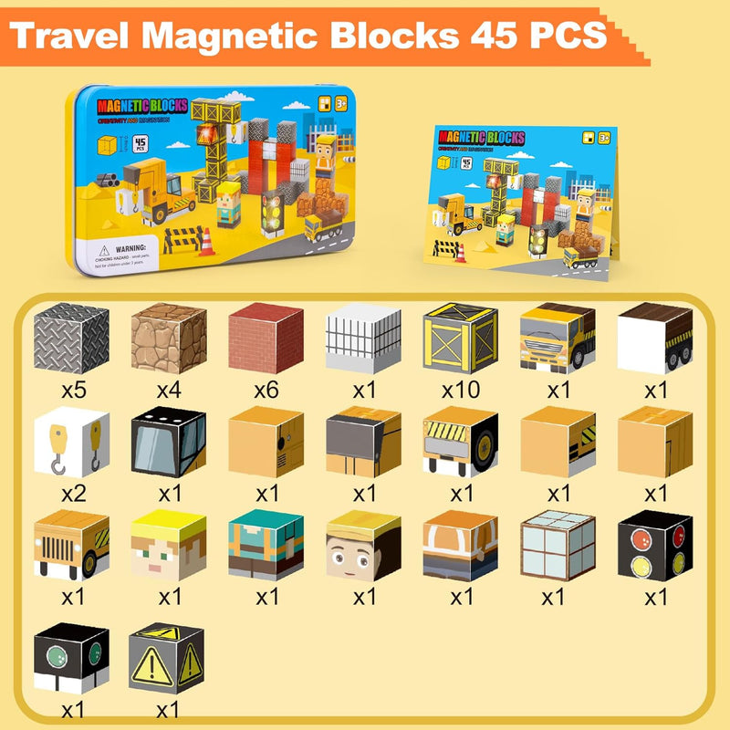 Aywewii Travel Magnetic Blocks 45 PCS for Kids Ages 3-5, Portable STEM Learning Set with Iron Case, Construction Edition