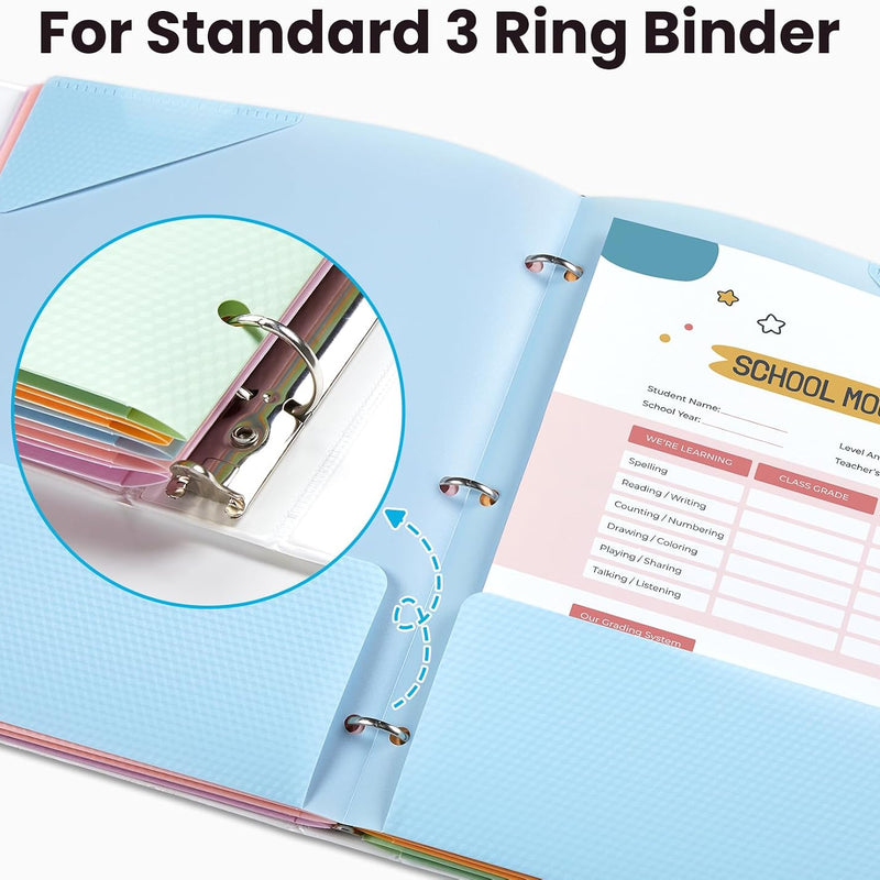 Sooez 6 Pack 2-Pocket Folders Heavy Duty, Plastic Folders with Pockets 3 Hole Punched, Pockets Folder for 3 Ring Binder with Writable Label, Letter Size, Pastels