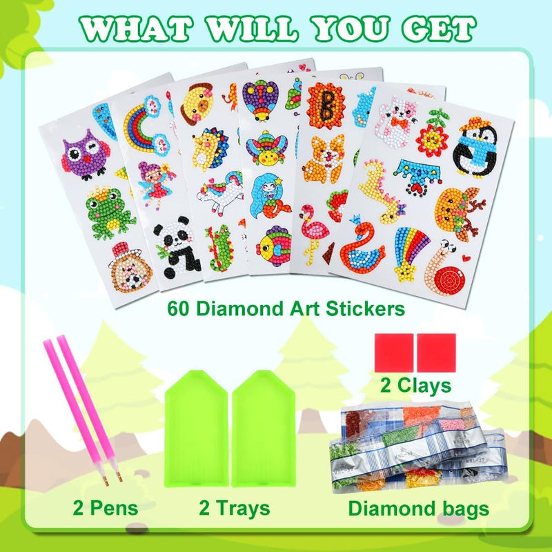 60pcs 5D Diamond Art Stickers Arts and Crafts Kits for Kids Ages 4-8 8-12 | Creative Gem Art Paint by Number Kits for Kids Boys Girls DIY Mosaic Stickers Toys for Birthday Party Halloween Xmas Gifts
